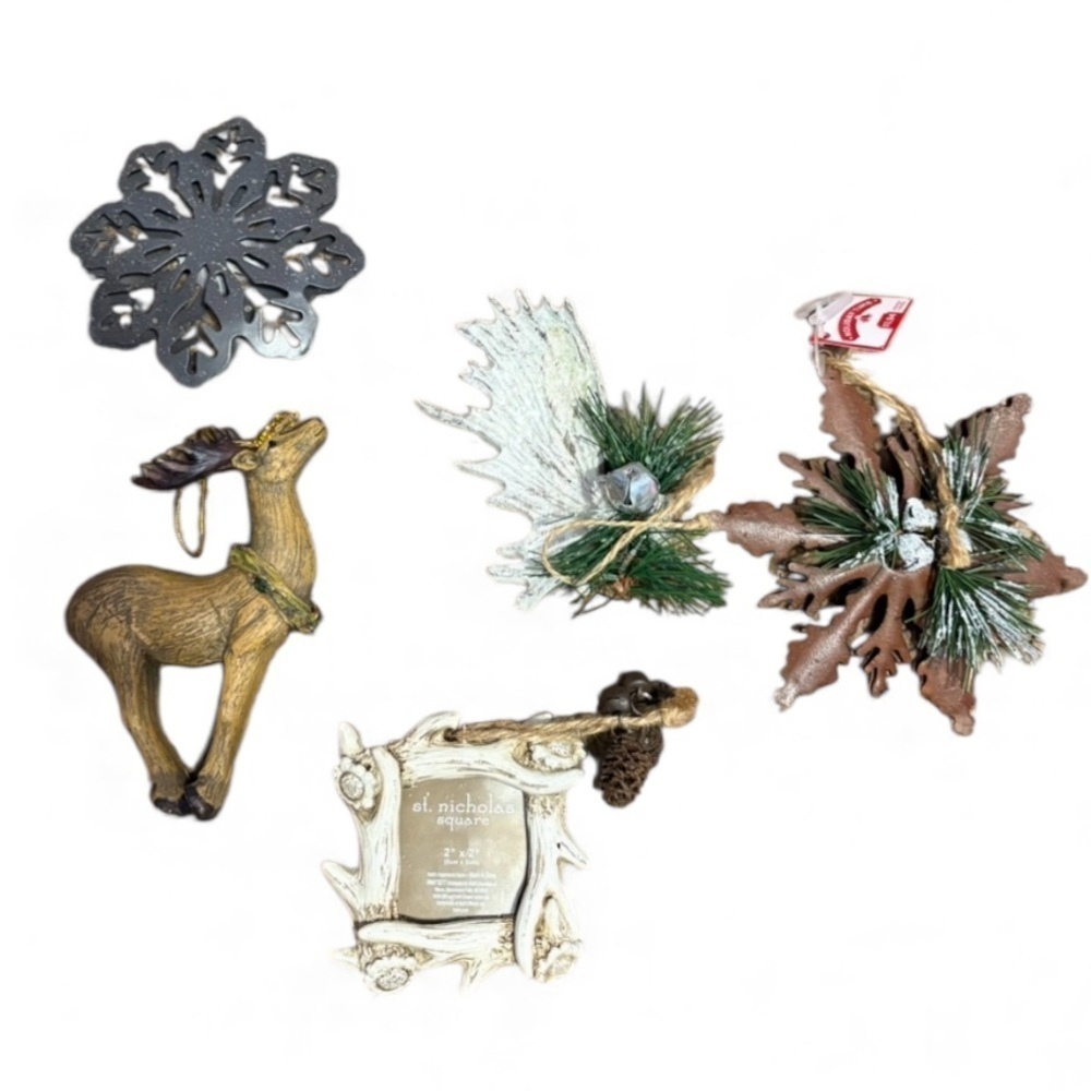 St. Nicholas Square Ornament Set Rustic Antler Deer Metal Star Christmas